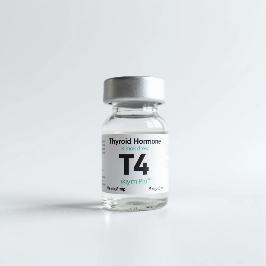 Close-up hyperrealistic 4K image of laboratory vial labeled 'Thyroid Hormone T4' on white background with neutral lighting and detailed texture emoji