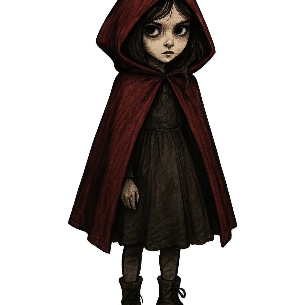 Scarlet, the main character from Grimm Variations episode 2 (Little Red Riding Hood), a young girl with a red hooded cloak, inspired by dark fairy tale aesthetics, expressive and mysterious emoji