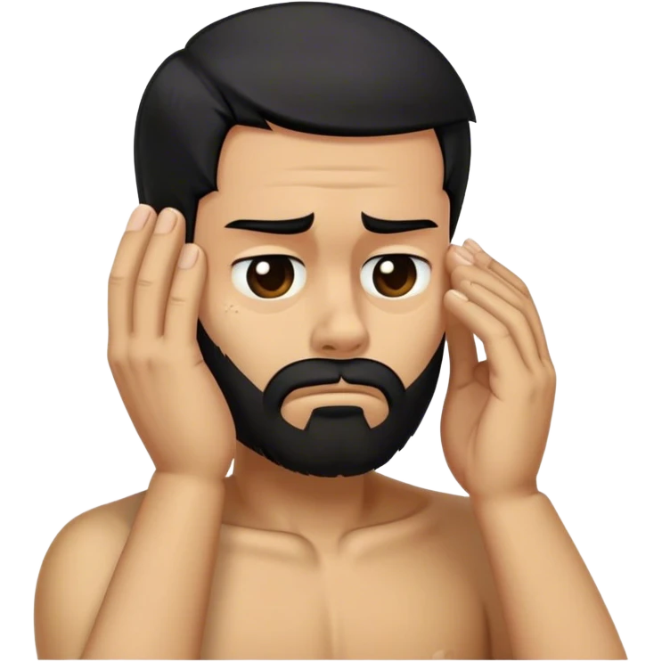 Facepalm emoji with disappointed expression, cartoon skull beside, trimmed beard, medium-length black hair, short sides, hair forward emoji
