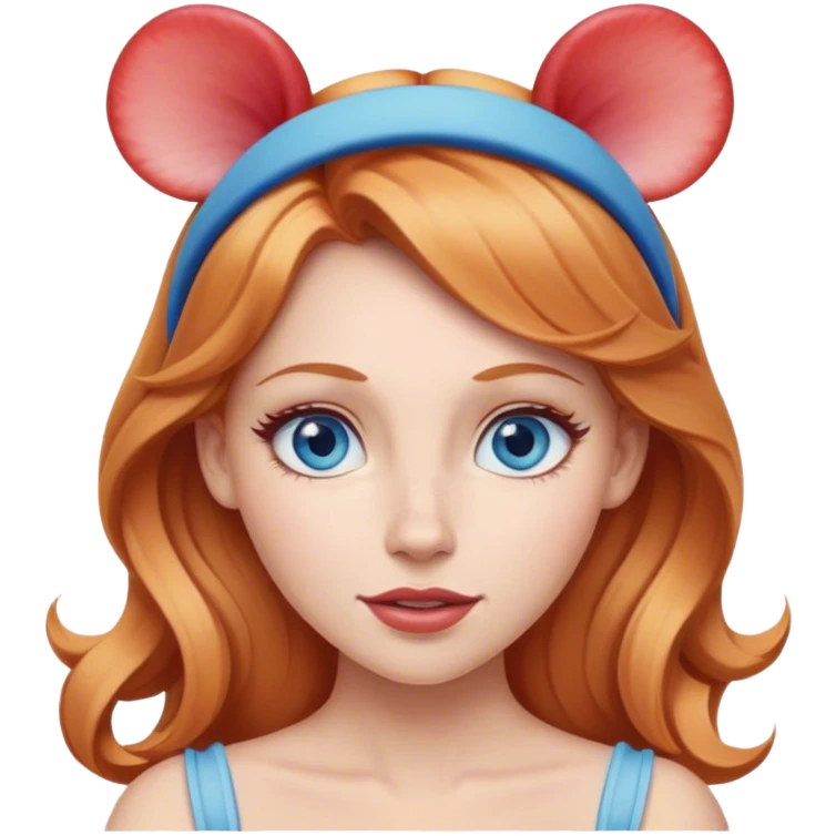 Strawberry blonde woman with blue eyes wearing Disney ears on head emoji