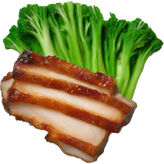 Crispy pork belly on oyster sauce with green vegetable emoji