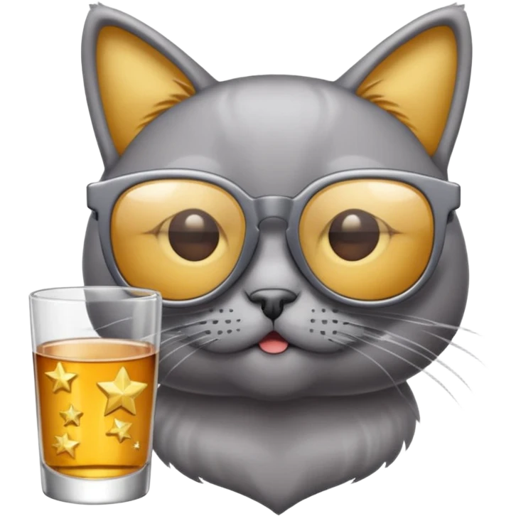 Fait un chat gris avec des lunettes de stars et avec un verre d alcool emoji