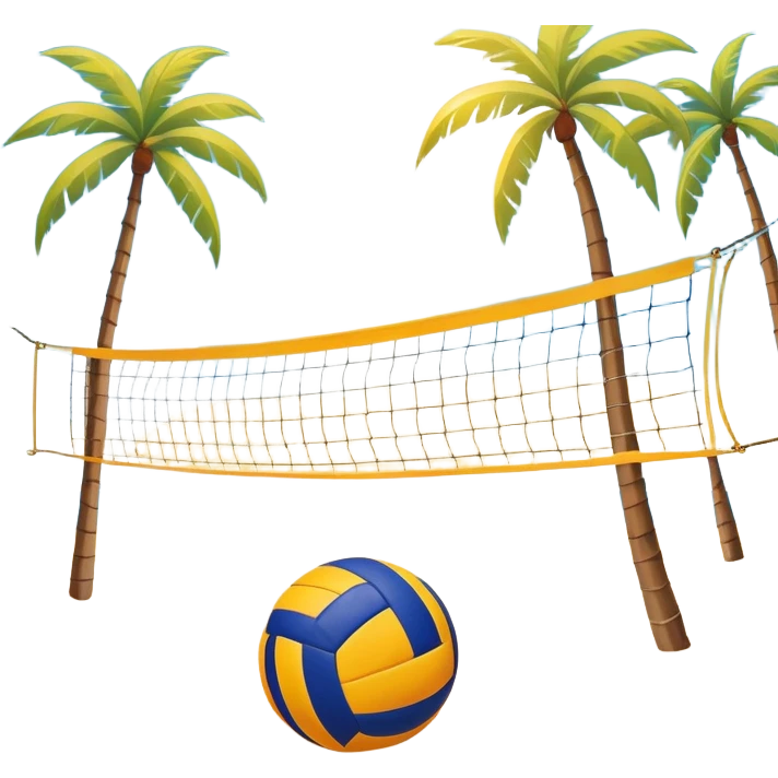 A volleyball resting on the orange sand ground of a beach, with a volleyball net in the background. The scene captures a sunny beach atmosphere with clear blue sea and sky, palm trees swaying, and people in swimsuits enjoying the vibrant surroundings emoji