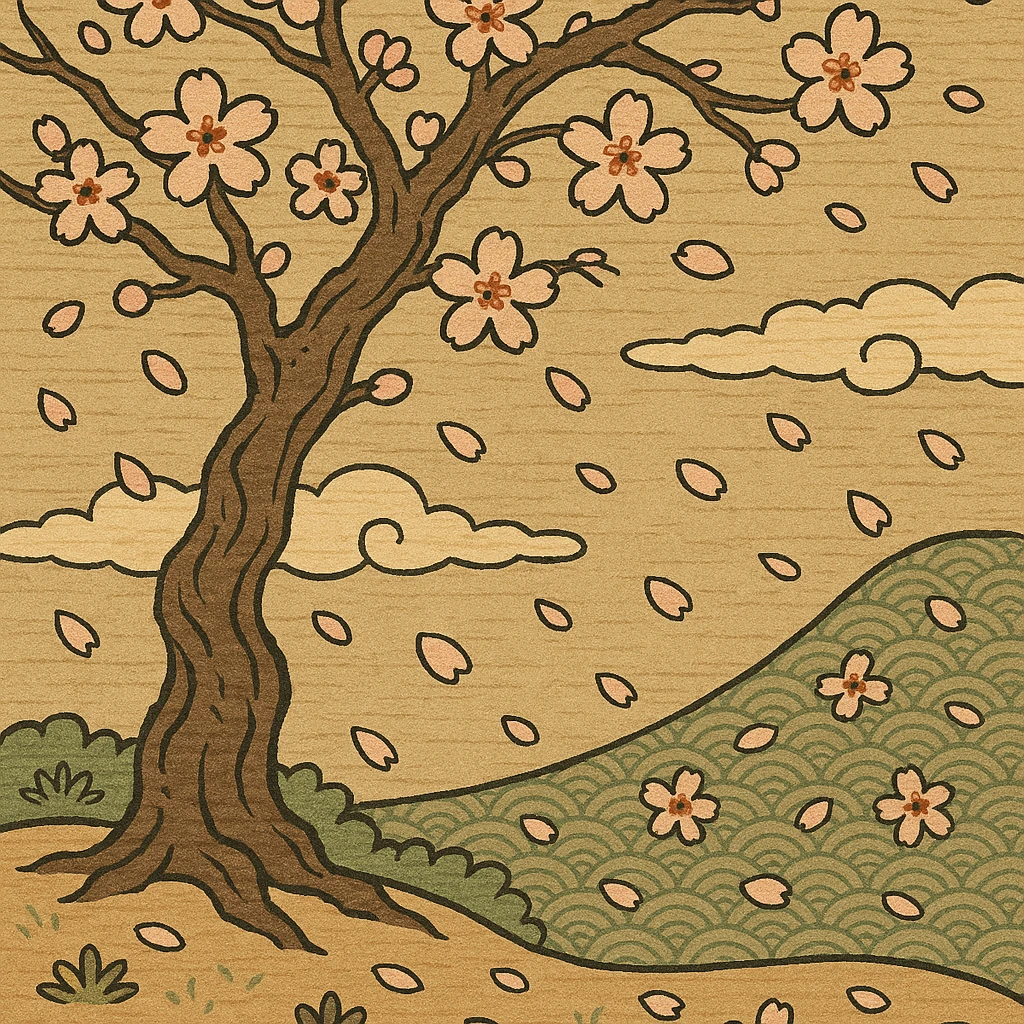 cherry blossom tree with petals falling, ukiyo-e style illustration emoji