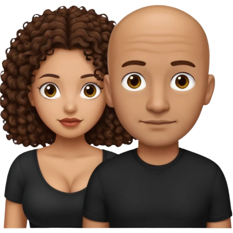 A mixed girl with small eyes, the girl is wearing a black shirt, the girl has brown curly hair and the girl has big boobs. A Mexican man is embracing her, with bald hair and clean shaven emoji