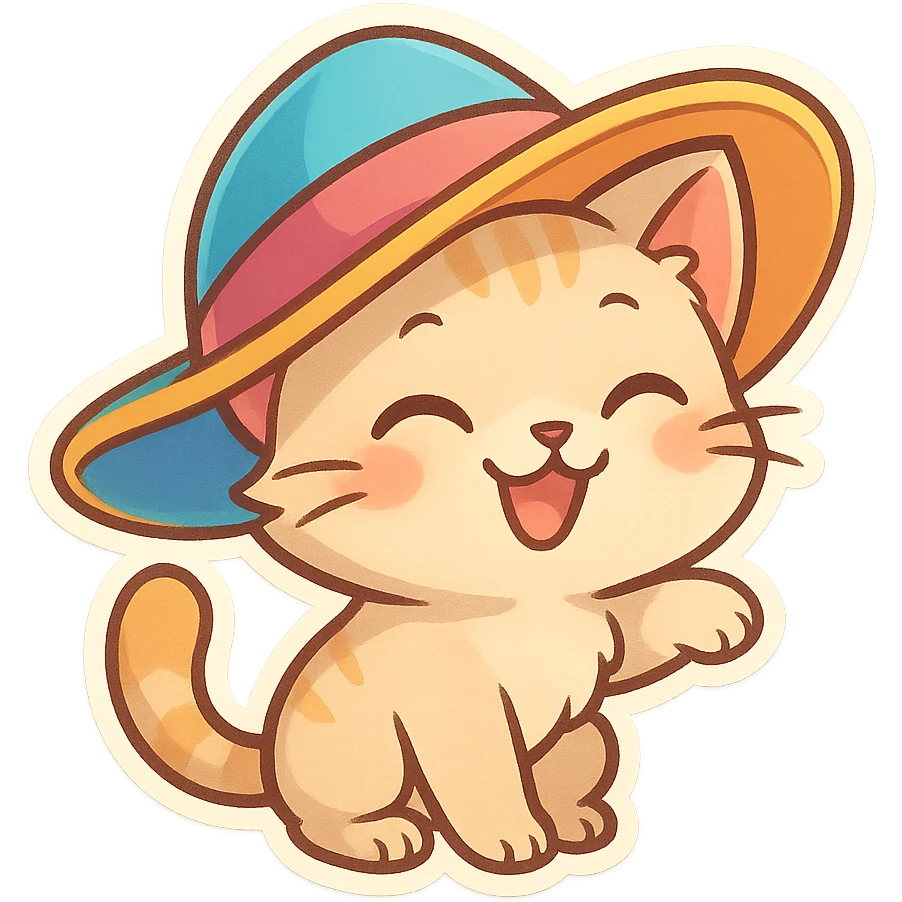 cute cat with a big hat, playful and colorful emoji