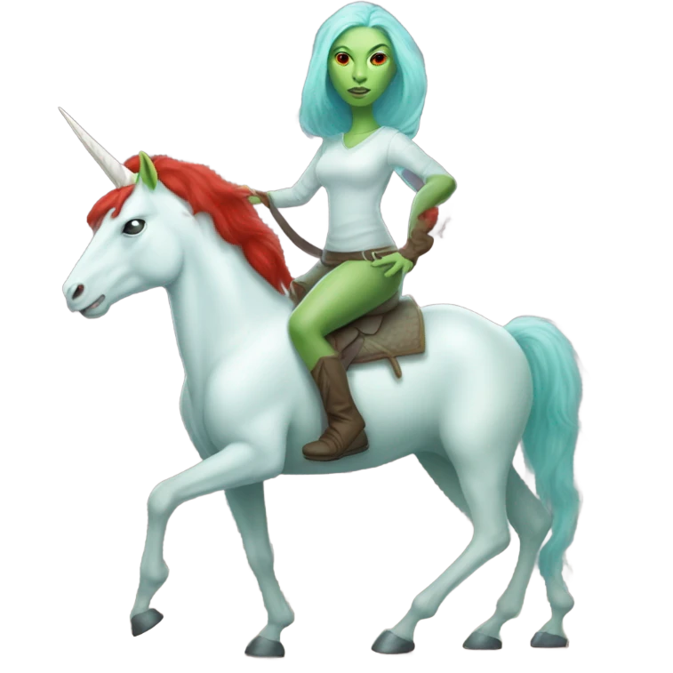 [
	{ woman: alien, color: light green, hair:red, eyes:cat} ]
	on a 
	[{ unicorn: white, legged:six, mane: light blue }] emoji