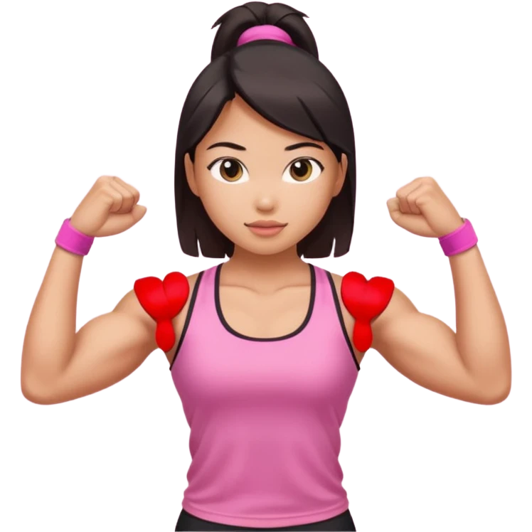 Athletic Asian girl show biceps wearing pink emoji