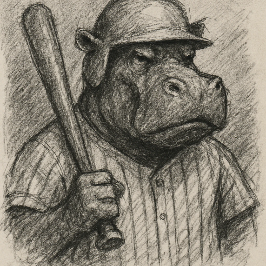 hippo holding a baseball bat, wearing a yellow helmet, pinstripes outfit emoji