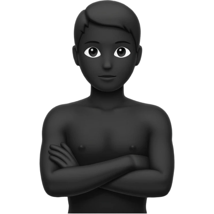Minimalist human silhouette, upper body only, arms crossed, no facial features, solid dark shape, flat icon style, centered, transparent background emoji
