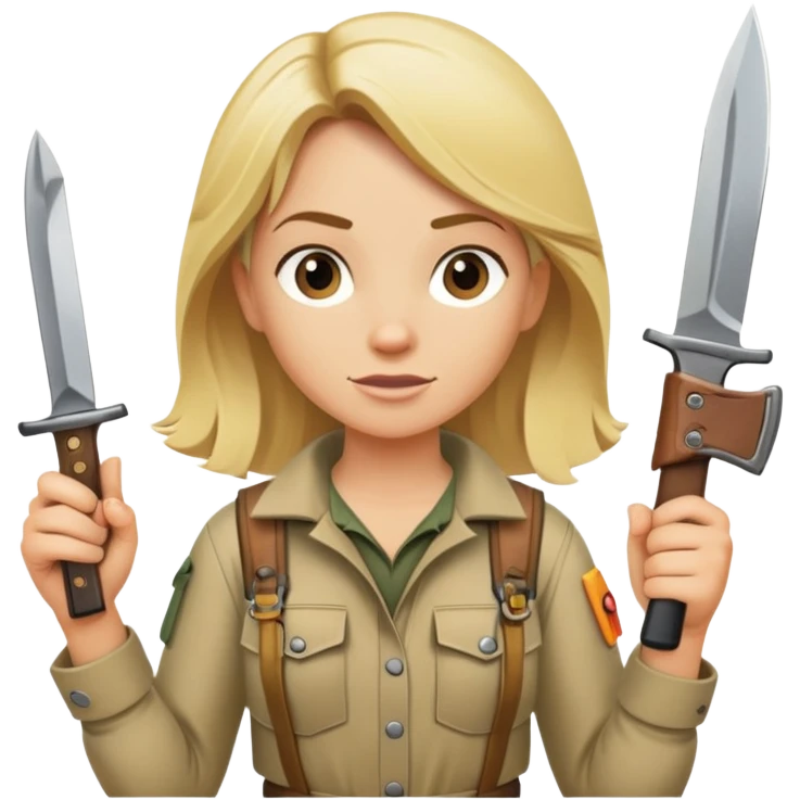 Blonde female wilderness explorer Melissa Backwoods holding a survival knife emoji