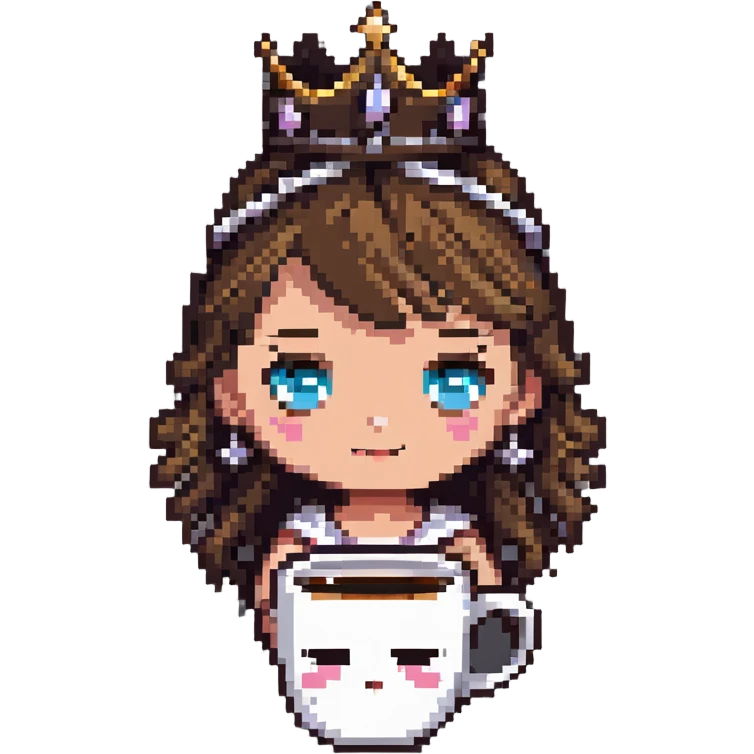 coffee mug with expressive eyes, tiara, and ballet costume in pixel art style emoji