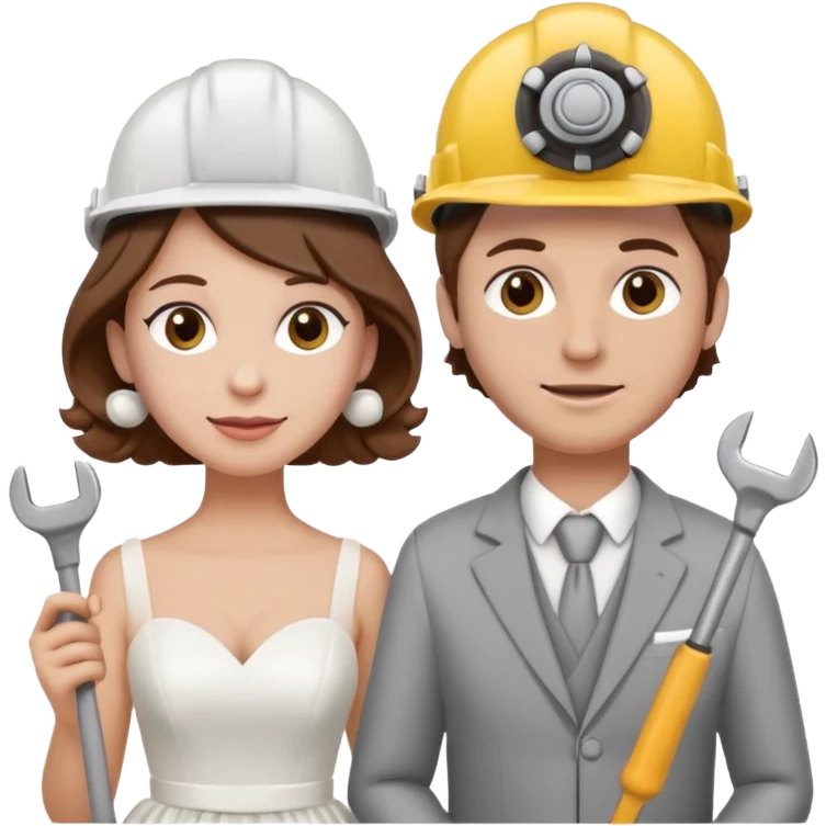 bride and groom couple, both with brown hair, bride has curlers in her hair, both wearing construction helmets and flats, groom holding a tool, emoji style emoji