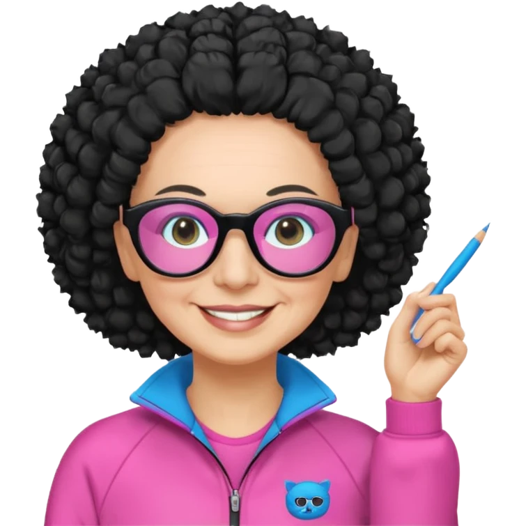 FEMME FRISÉ 60 ANS CHEVEUX NOIR FRISÉ LONG SOURIANTE AVEC CHANDAIL ROSE,   YEUX BLEU ET UN PINCEAU À LA MAIN LA MAIN AVEC 5 DOIGT SEULEMENT ET LUNETTE emoji