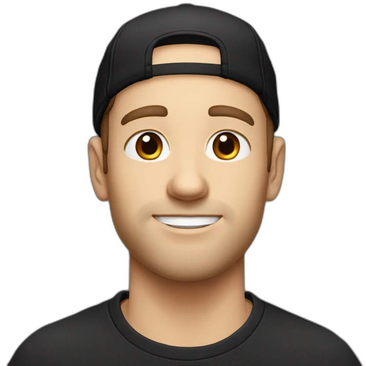 a blue-eyed white guy with dark hair in a black backward cap and in oversized t-shirt emoji