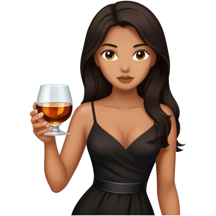 Beautiful woman in 1950’s woman fashion look, black dress, long dark brown hair, whisky with ice emoji