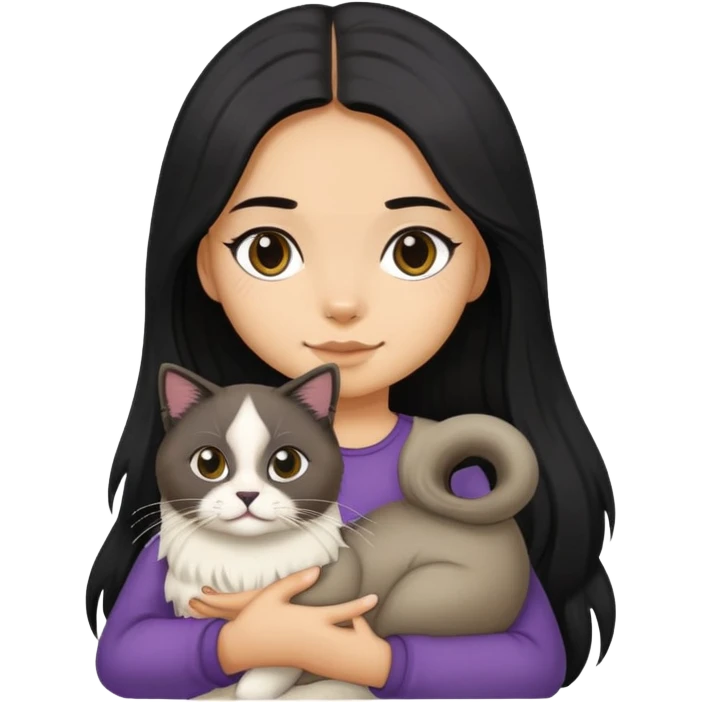 A girl with long black hair holding a seal-colored ragdoll cat emoji