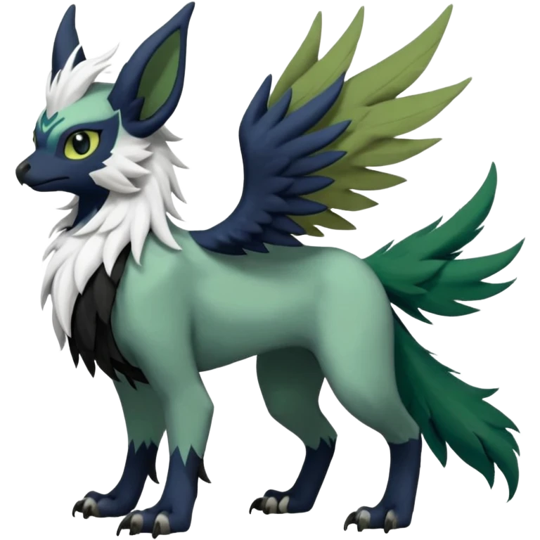 Dark-deep-colored gryphon-Trico-Nargacuga-Absol-Leafeon-Sprigatito-Silvally-fusion-hybrid with a long tufted tail, black beak, black claws, black tail, majestic, realistic, furry (full body) emoji