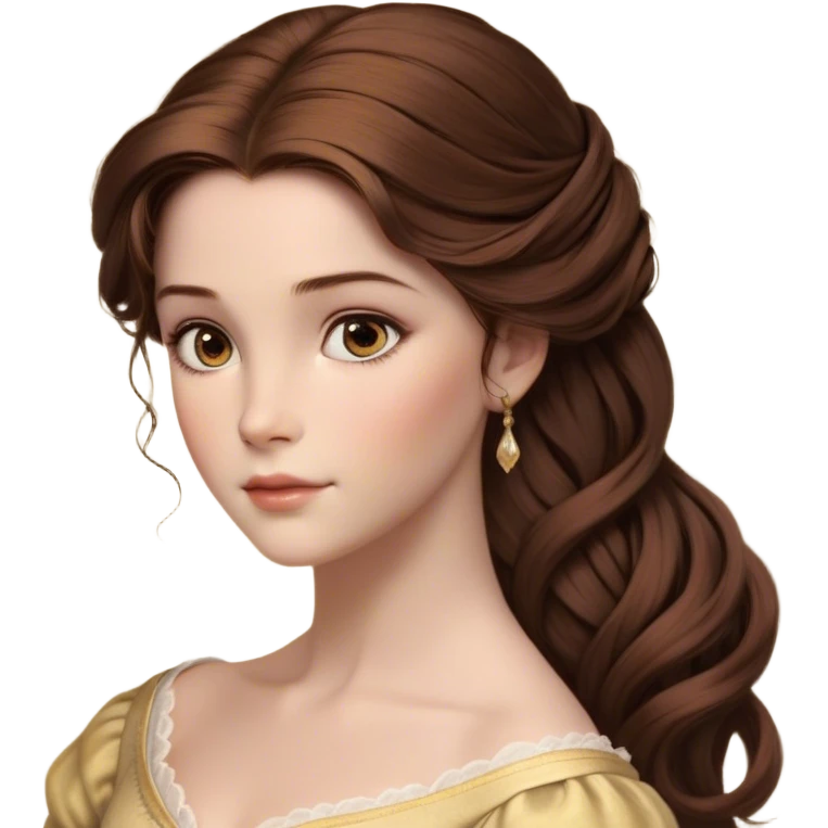 Cinematic Realistic Belle Portrait, depicted with lifelike skin texture, soft natural lighting, and intricately detailed brown hair styled elegantly. Her deep, expressive eyes exude warmth and intelligence, complemented by a serene and graceful expression. She is dressed in her classic attire, with rich fabric textures and delicate folds that catch the light beautifully. The portrait features a soft, enchanting glow with a natural, radiant finish, capturing the essence of timeless beauty in a realistic and painterly style, evoking a sense of depth and authenticity. emoji