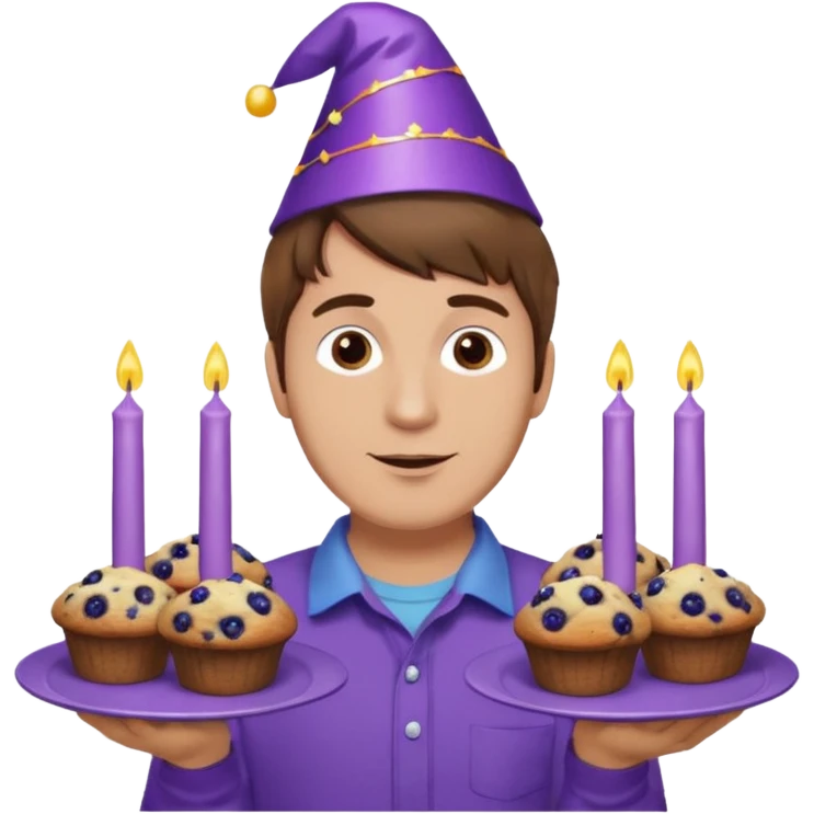 Man with brown hair wearing purple shirt and a party hat holding several blueberry muffins either candles in them  emoji