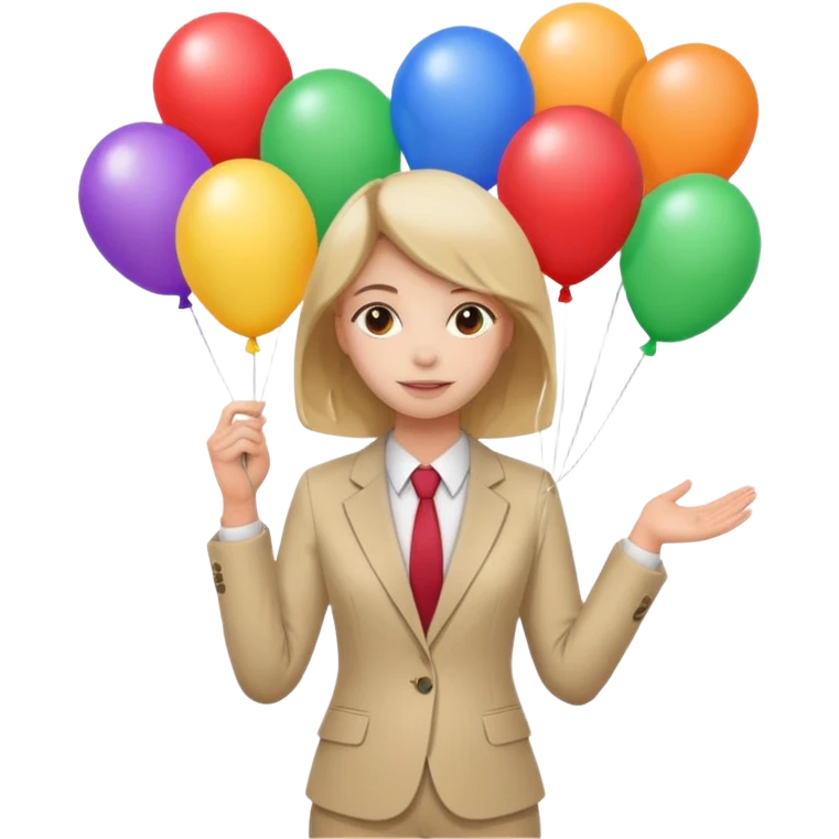 birthday  girl in biege suit + baloons emoji