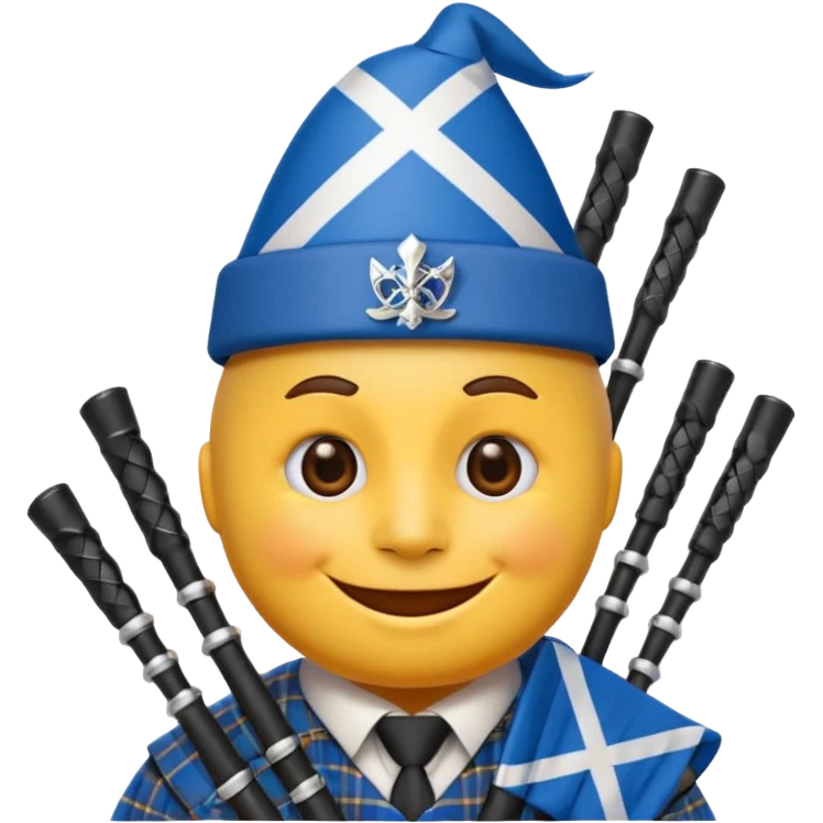 Create a smiling emoji based on "party face with party hat" emoji. Use a blue and white colors from the Scottish Saltire. Include bagpipes next to the emoji, incorporating tartan Blending scottish details blending into the design. emoji