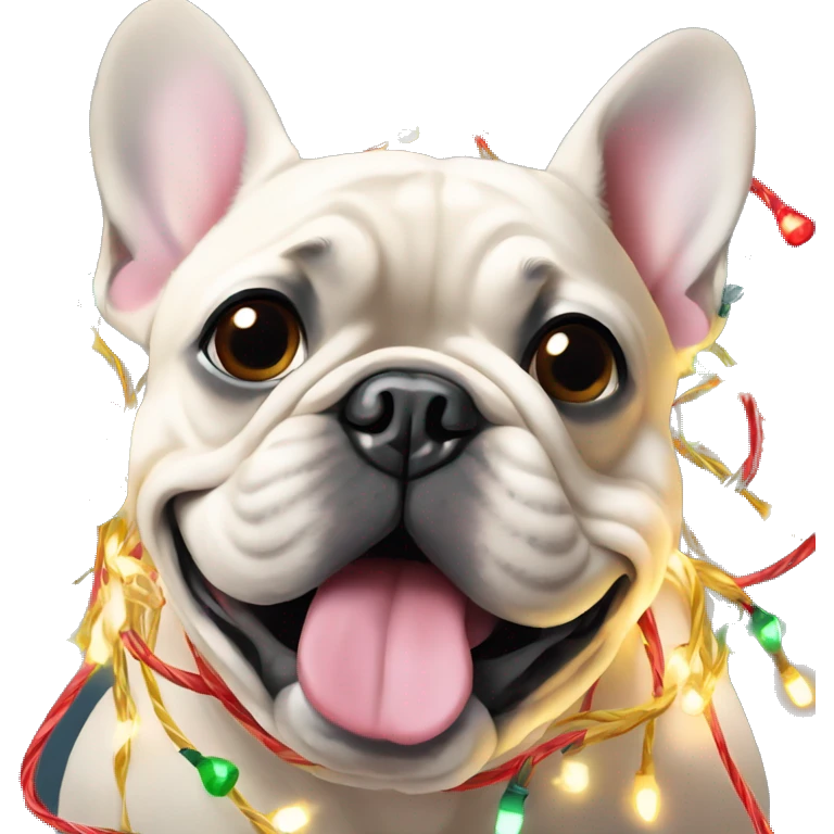 Frenchie tangled in Christmas lights emoji