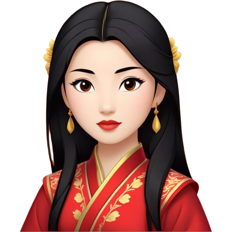 Cinematic Majestic Mulan Portrait Emoji, rendered in a clean, vector-style with bold, simplified shapes. Depict Mulan with a serene, noble expression, warm light skin, and neatly styled black hair, dressed in traditional attire featuring subtle red motifs and gold trim. The image glows with a calm, majestic aura, high shine, and a soft glowing outline, embodying classic elegance. emoji