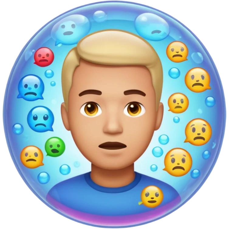 Realistic emoji-style man trapped inside a glowing filter bubble. The bubble contains identical social media icons and repeating content symbols. Outside the bubble are colorful diverse icons he cannot see. The man looks comfortable but unaware, expressing narrow perspective. emoji