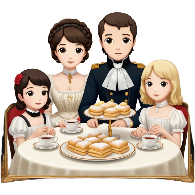 Komşu ve biz masa nın üstünde badambura napalyon pasta çay var   beş tane  kız 1 tane çocuk ama erkek sandalyalerde oturulmuş ama herkes beyaz emoji
