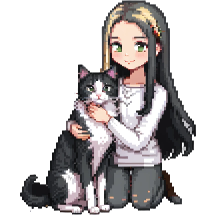 Beautiful girl with long black hair petting a gray and blonde mixed cat emoji
