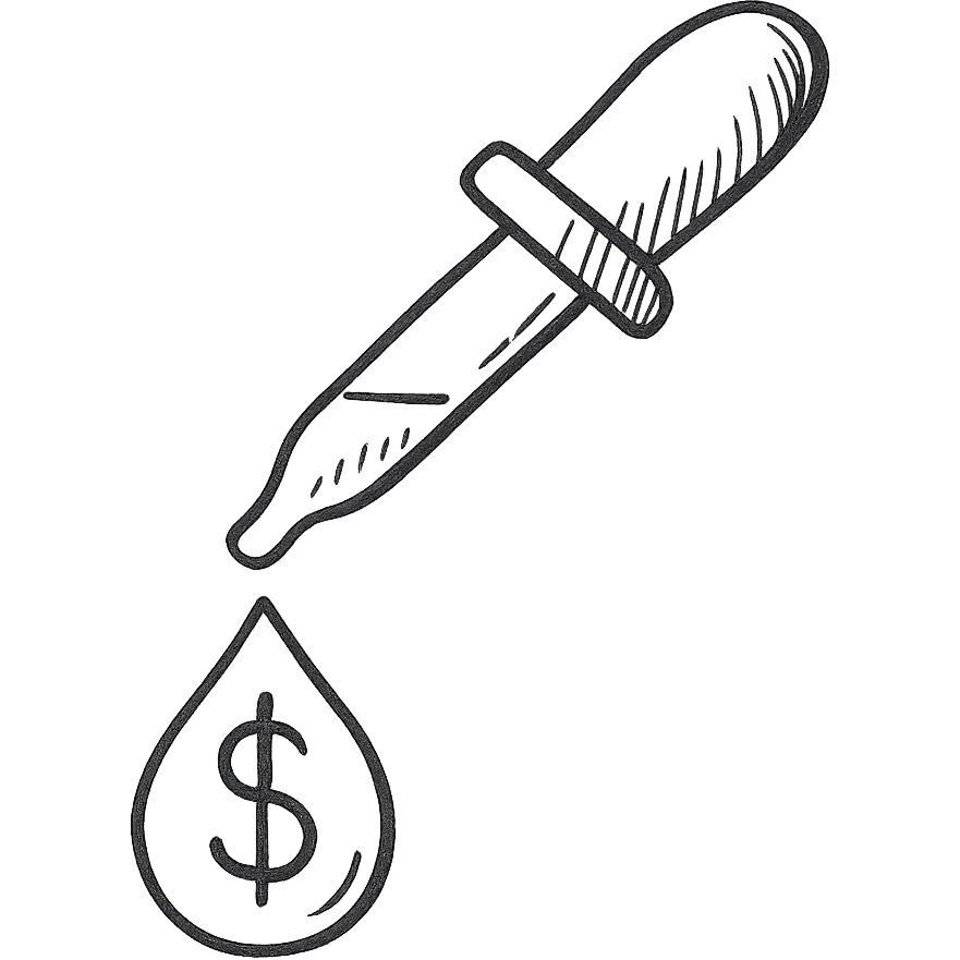 hand-drawn outlined pipette at the top of a golden drop with a dollar sign inside the drop emoji