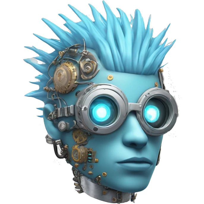 Pastel blue Mohawk cyborg head with silver steampunk goggles and circuits emoji