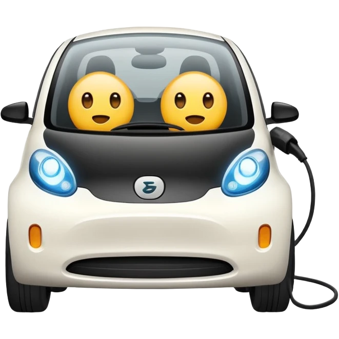 Cute electric vehicle with big circular eyes, EV charger to the right, emoji style emoji