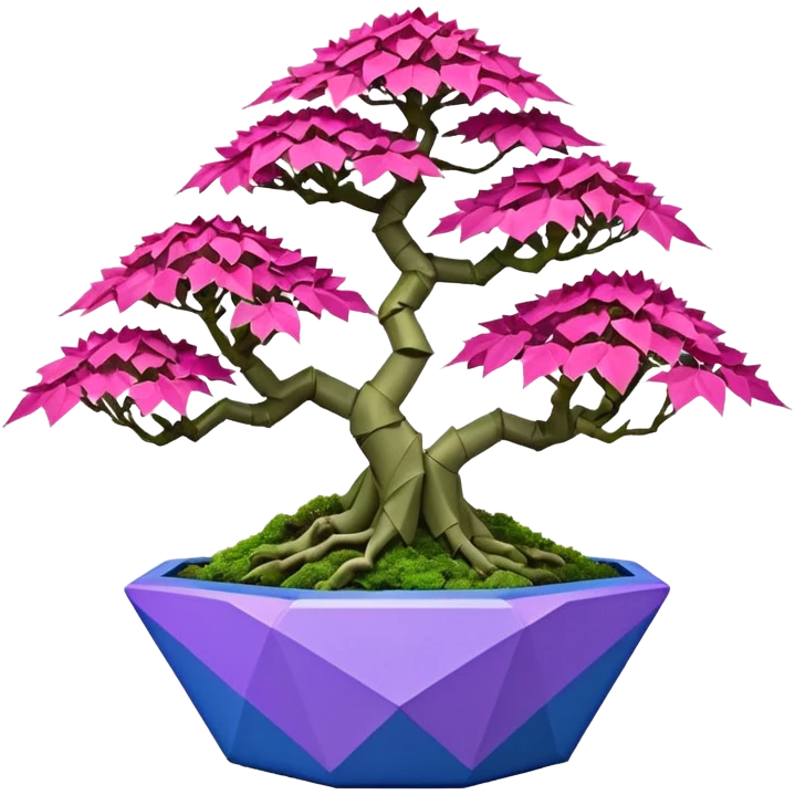 Futuristic wild alien moss maples Bonsai hair-fine-leaf group crimson crystal azalea purple and cream pink blue forest planting in shallow origami style pot  emoji