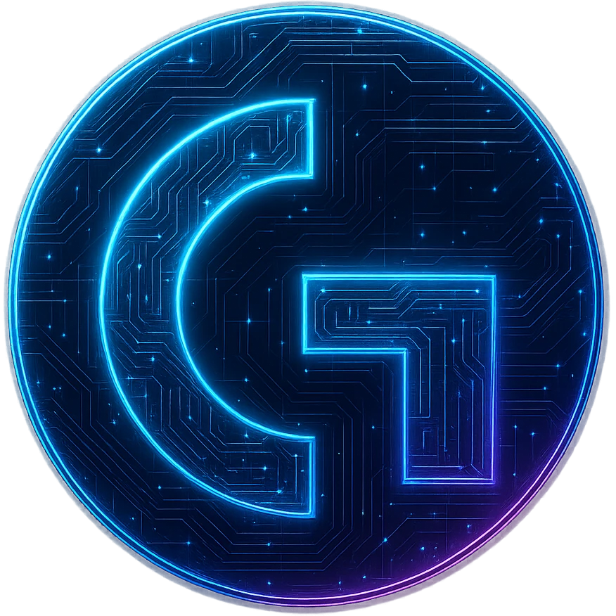 Transform the G Hub logo into a cyberpunk, holographic style with glowing neon blue and pink edges, circuit patterns throughout the entire icon, and a transparent background. Maintain the recognizable G Hub shape and circular form, overlaying neon and circuit effects in the same futuristic, clean style as previous cyberpunk icons. The whole icon should have a consistent cyberpunk glow and intricate circuit details in a futuristic, clean style. emoji
