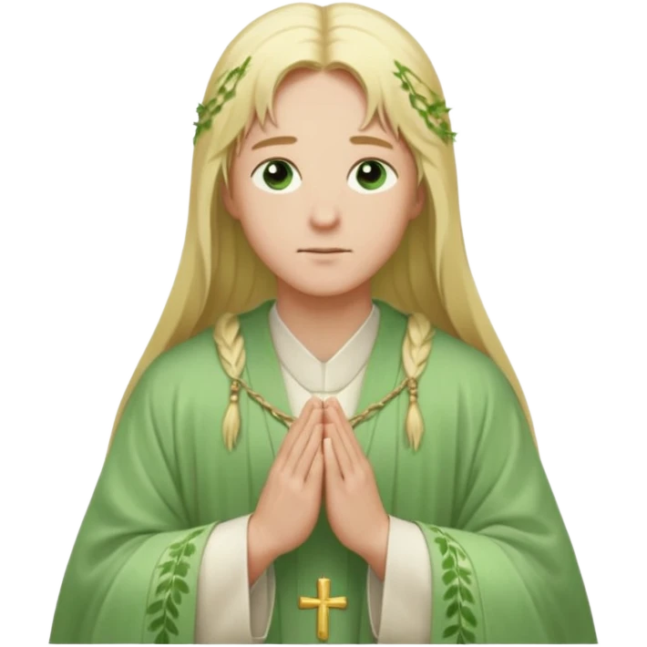 a young bishop, green eyes, long blonde hair, light green wide, flowing outer robe. hands clasped together, gazing thoughtfully. Soft light, subtle fern. Waist-up, profile. emoji