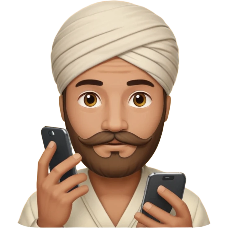 A man wearing imama sharif (traditional turban), with a beard and moustache, using a smartphone. The man looks focused while using the mobile. Realistic emoji-style illustration with soft lighting and warm tone emoji