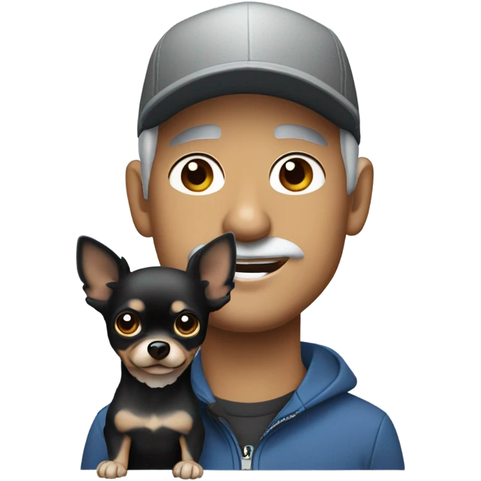 man with blue eyes gray hair gray goatee in ball cap holding black longhair chihuahua  emoji
