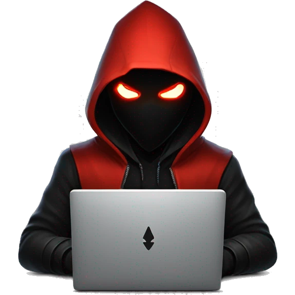 developer behind his laptop with this style : Riot Games Valorant black red glowing bright red character red black hooded assassin themed character emoji