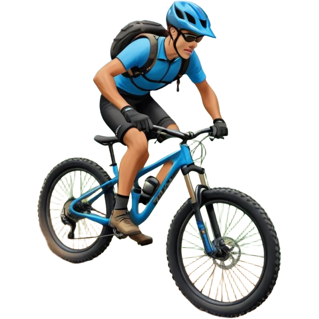 An icon featuring a mountain bike with thick tires on a rugged trail. A cyclist in a helmet rides downhill, kicking up dust. The background showcases a breathtaking mountain landscape with green slopes, rocky peaks, and a bright blue sky. Transparent background emphasizes adventure and speed emoji