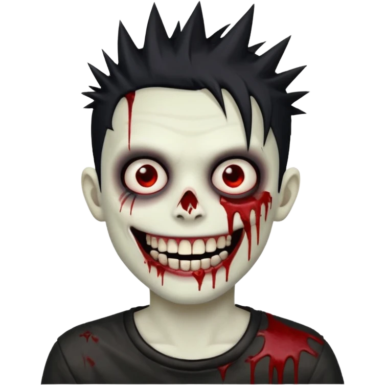 zombie boy with emo spiky hair, white skin, and white eyes; an open smile, and bloodied teeth; emoji