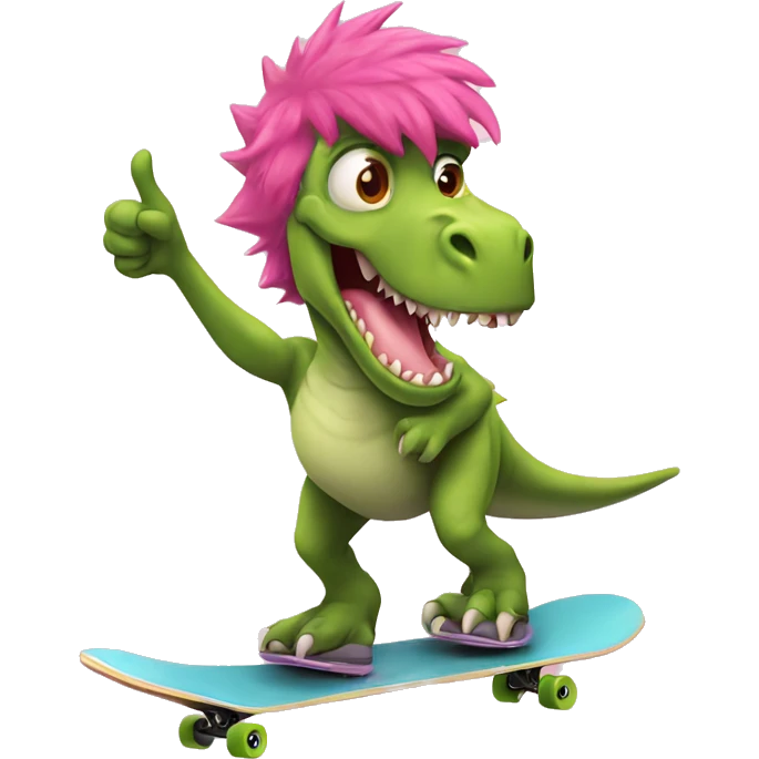 Dinosaur with pink hair, riding a skateboard holding a thumb thumbs up emoji