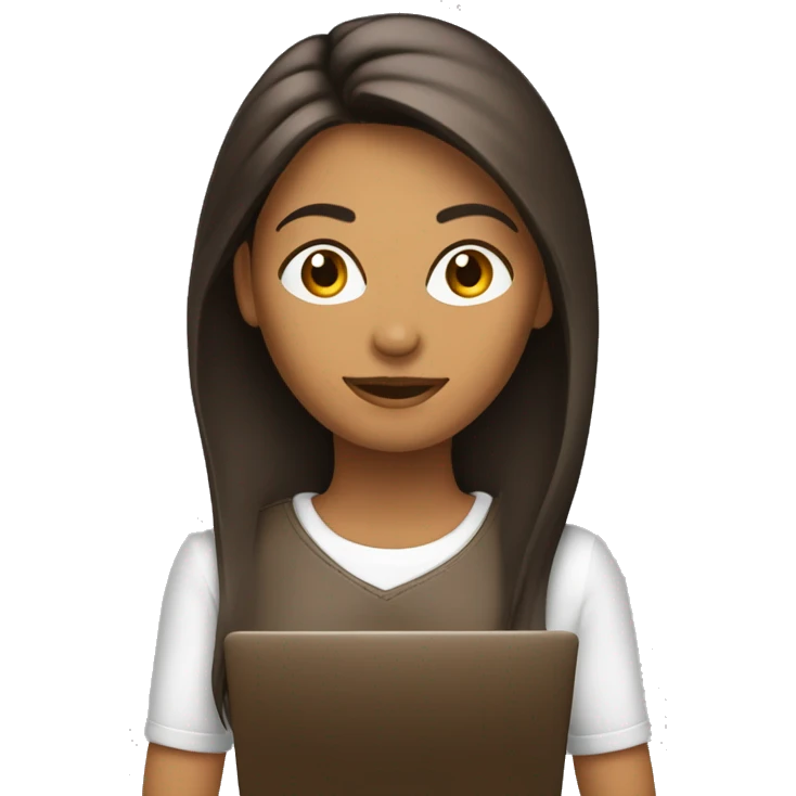 mujer pelo largo con reflejos marrones con una computadora emoji