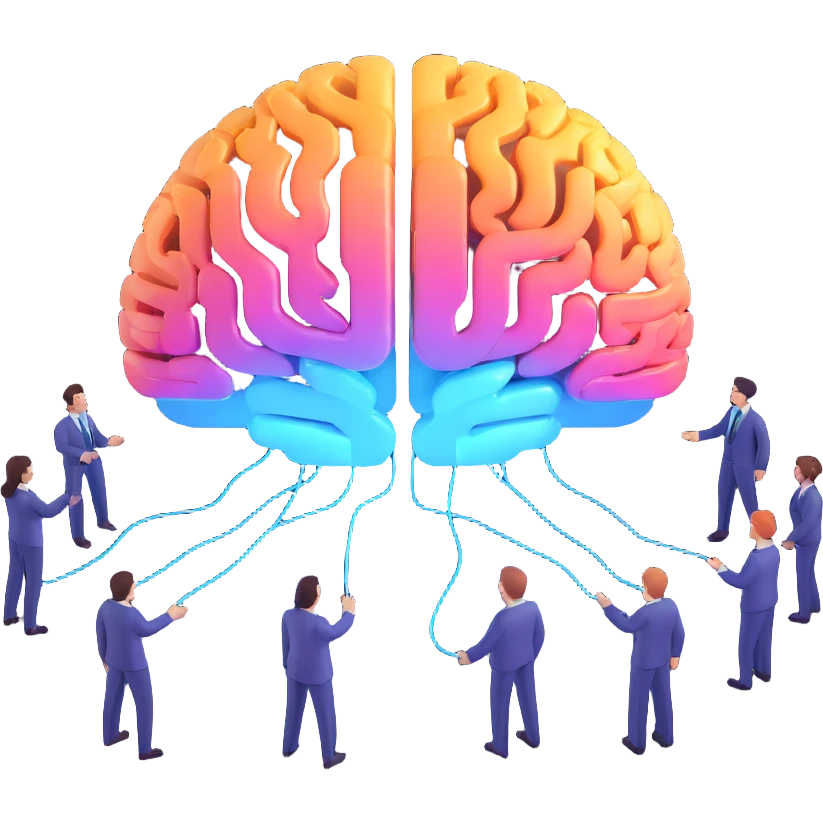 a group of diverse employees with a glowing AI brain above them, beams of light connecting to each, symbolizing real-time insights, learning, and unbiased support for decision-making emoji
