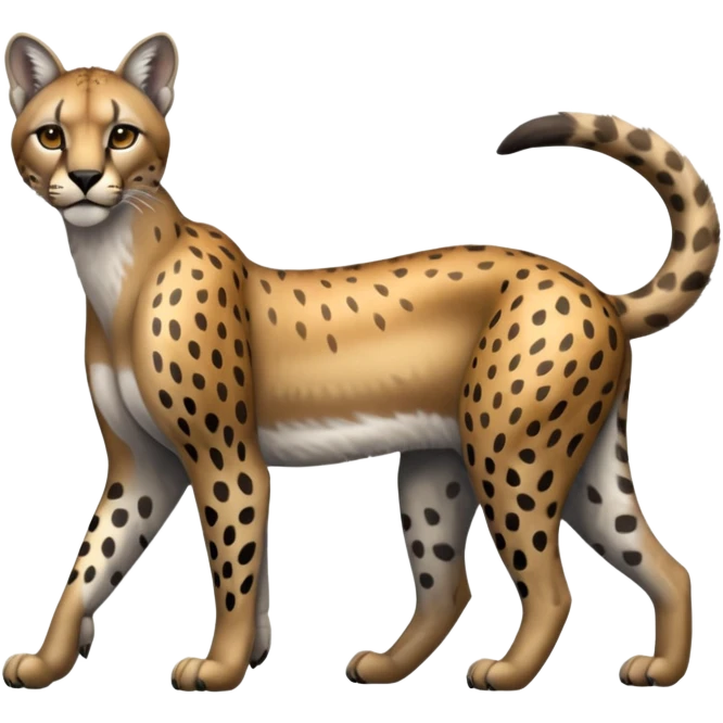 Realistic patterned marked edgy greyish blackish whitish silvery Shiny Colorful Glossy Cougar-Cheetah-Caracal-Lioness-Bobcat-fusion-animal-hybrid-creature, full body, tufted ears, long thin tufted tail emoji