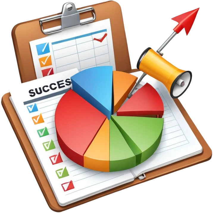 An icon featuring a pie chart, a clipboard with a checklist, and a megaphone, symbolizing management and marketing. The design includes upward-trending graphs and a target with an arrow, representing strategy and success. Transparent background highlights business organization and promotion. emoji
