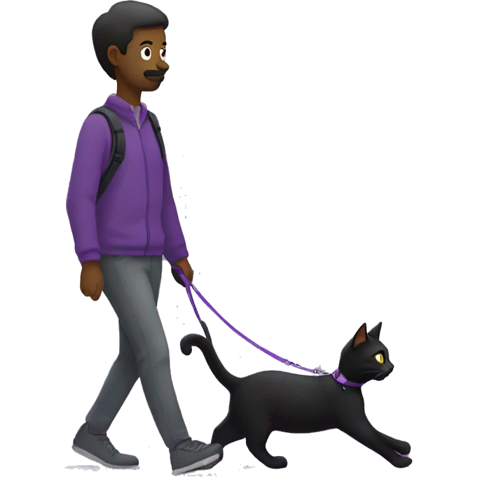 Black cat with a purple leash going for a walk with a human emoji