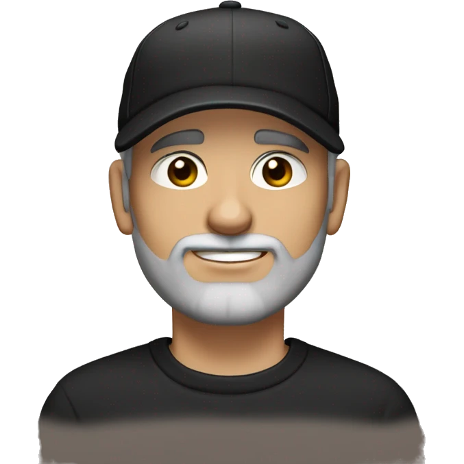 An adult white skin portrait of male with stubble and a slightly gray beard, brown hair, black eyes, wearing a black Reebok cap with a round emblem on his head, and a black sweater. emoji