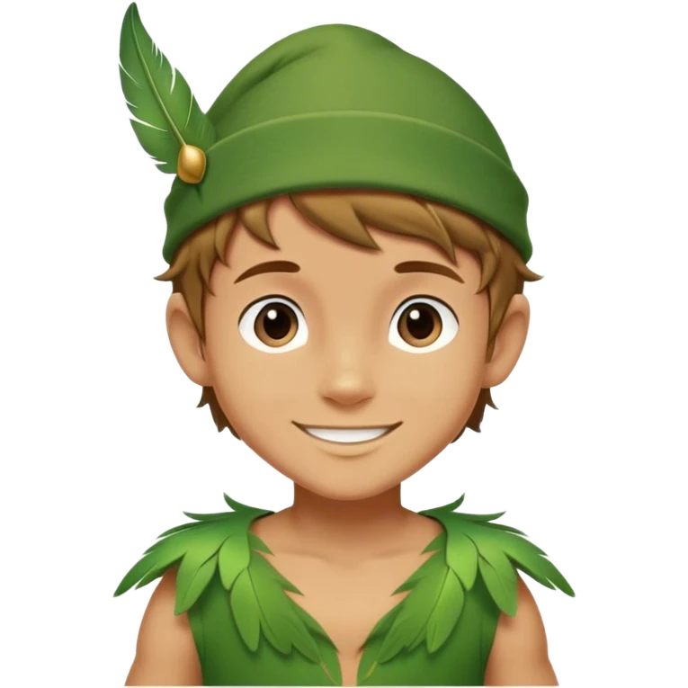 Cinematic Realistic Peter Pan Portrait, depicted with lifelike, youthful skin touched by a gentle sun-kissed glow. His bright, expressive eyes and confident smile evoke a timeless sense of wonder. Dressed in his iconic green tunic and feathered cap, every detail is rendered with soft, natural lighting that highlights his blend of innocence and courageous spirit. emoji